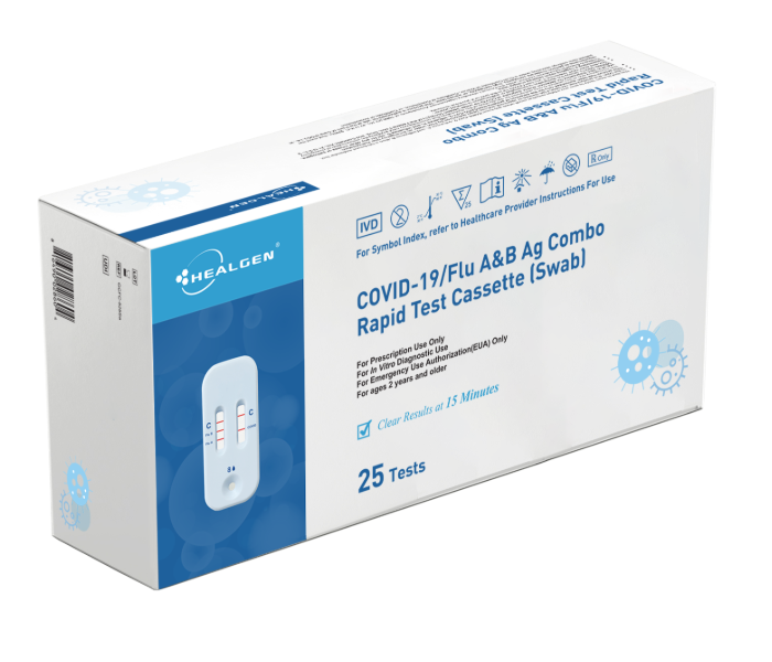 Rapid Test Kit Healgen® Ag Combo Rapid Test Antigen Detection COVID-19 / Flu A and B Nasopharyngeal Swab Sample 25 Tests (25/KT 20KT/CS) by Healgen Scientific LLC  ID GCFC-525Sa